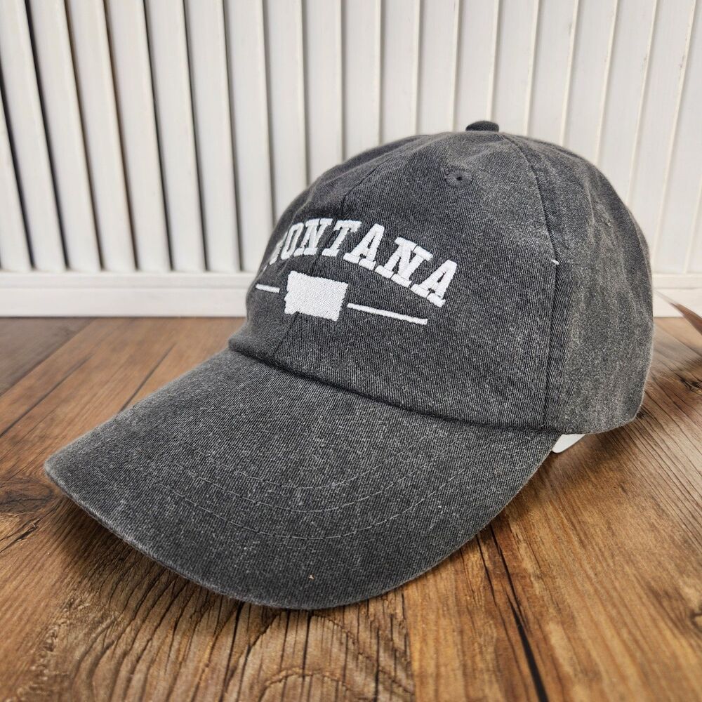 Adams Montana State Outline Dad Hat Washed Charcoal Canvas Leather Strapback Cap